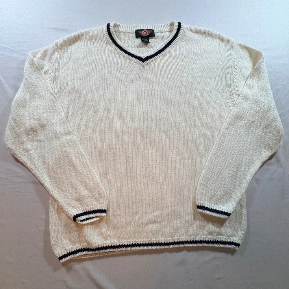 American Outpost V-Neck Sweater Mens Large Cream Navy Cotton Ramie Knit Pullover